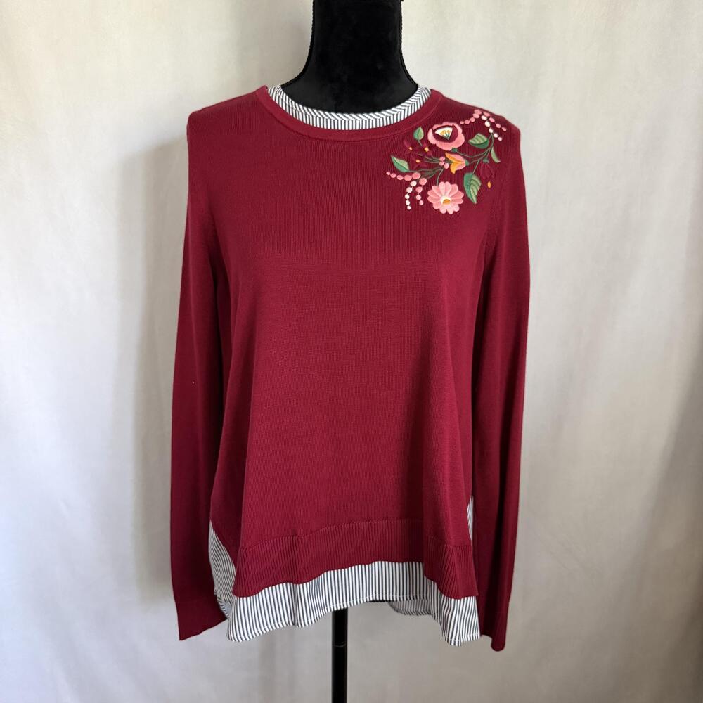 Crown & Ivy Sweater Womens XL Red Floral Embroidered Striped Shirttail Pullover